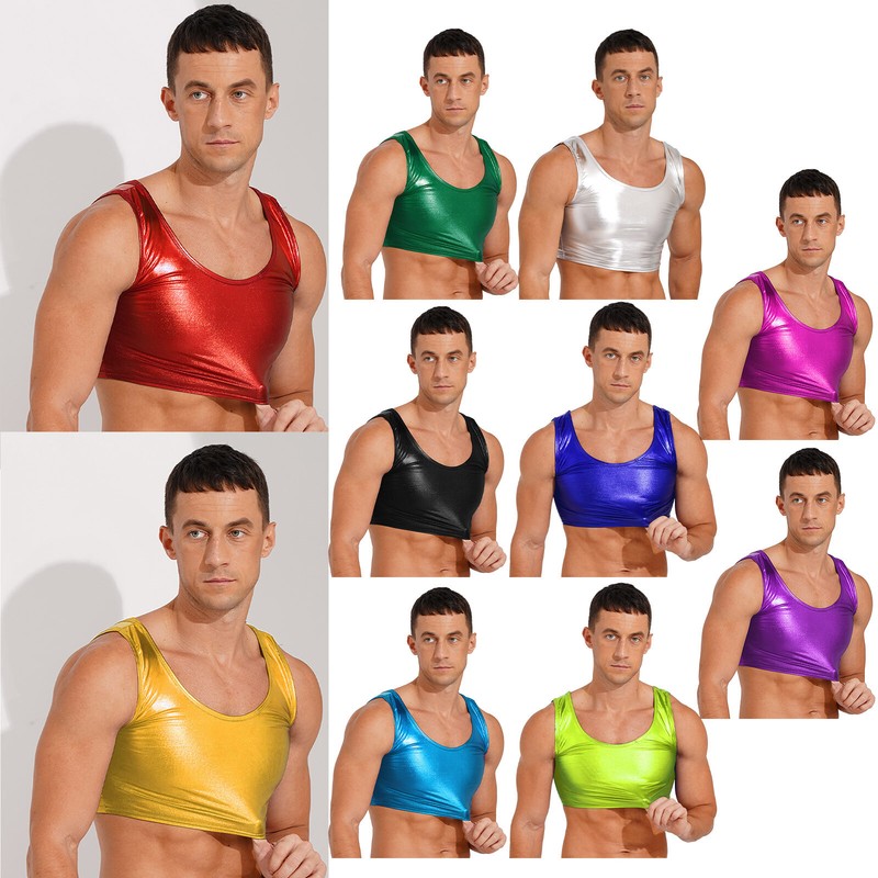 Men's Shiny Metallic Crop Tank Tops Vest Sparkly Sleeveless Fitness Dance Shirts gallery