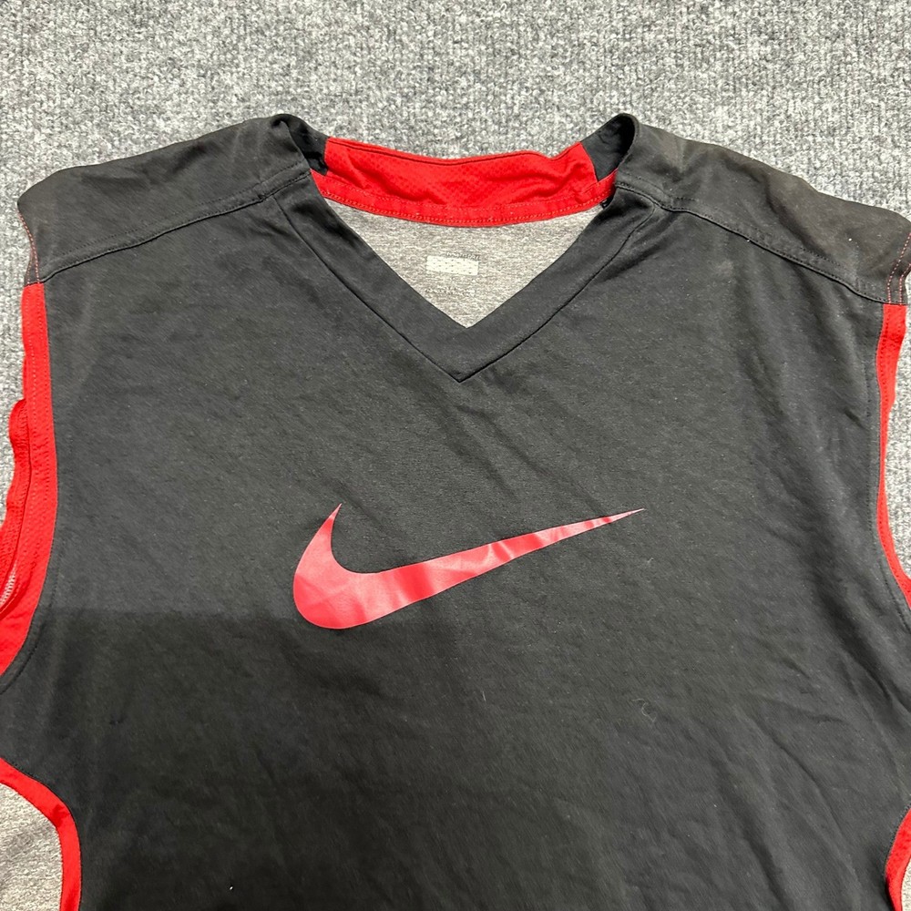 Nike Sleeveless Shirt Mens Size L Black Red NikeFIT V-Neck Athletic Swoosh Logo
