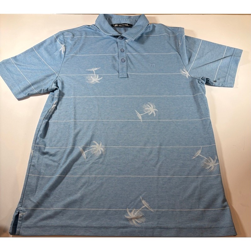 TravisMathew Men’s Medium Blue Striped Golf Polo Shirt Performance Casual gallery