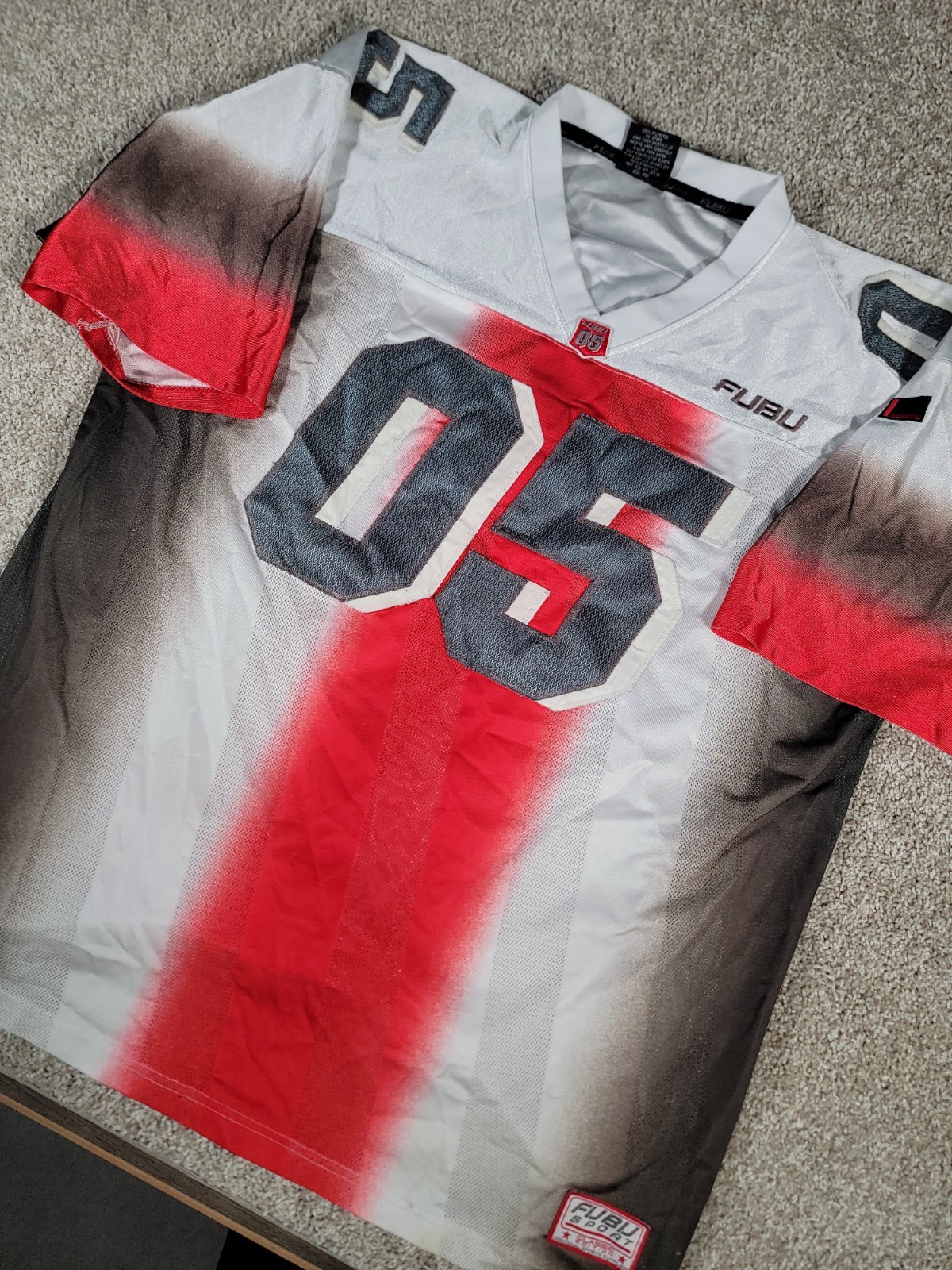 Vintage FUBU Jersey 05 White Red Gradient Mesh Football Shirt XXL Hip Hop Y2K gallery