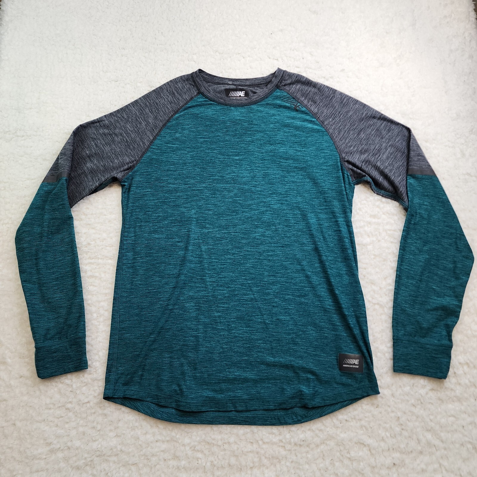 American Eagle Long Sleeve T-shirt Mens M Heather Blue Gray Raglan Flex Fit gallery