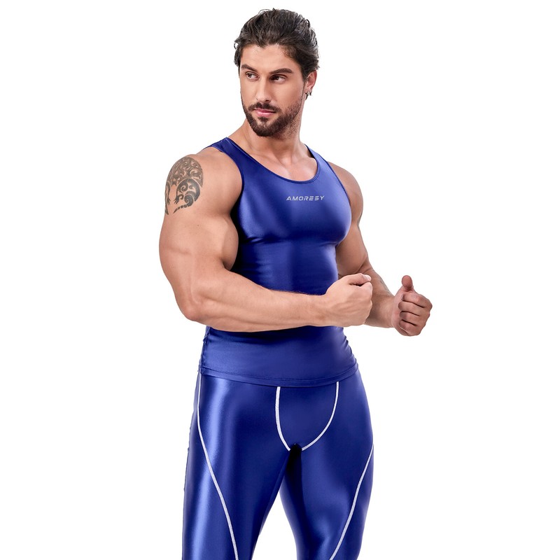 AMORESY Men Fashion Smooth Hurdle Tops Patchwork Tights Breathable Running Vests gallery