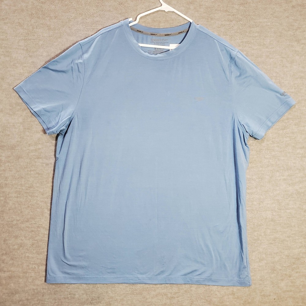 Speedo Men Button Up Shirt 2XL Blue Striped UPF 50+ Block The Burn Crew Neck Tee