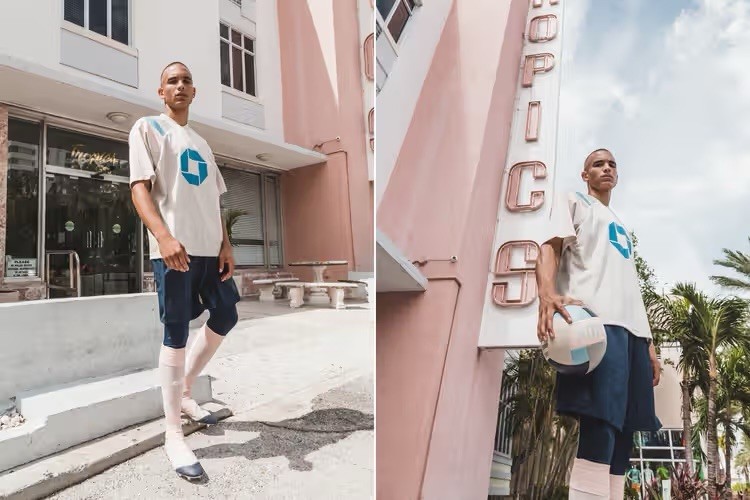 NWT KITH x Adidas Miami Flamingos Soccer Jersey Navy/Tan/Pink Sz L RARE gallery