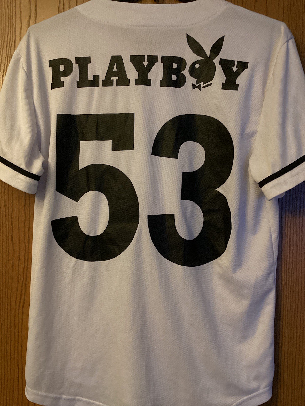 Playboy #53 - White Baseball Jersey Featuring Playboy Bunny Logo - 2 Sided - L gallery