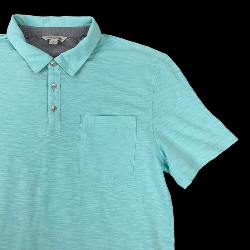 Calvin Klein Polo Shirt Men Medium Aqua Blue Short Sleeve Button EUC gallery