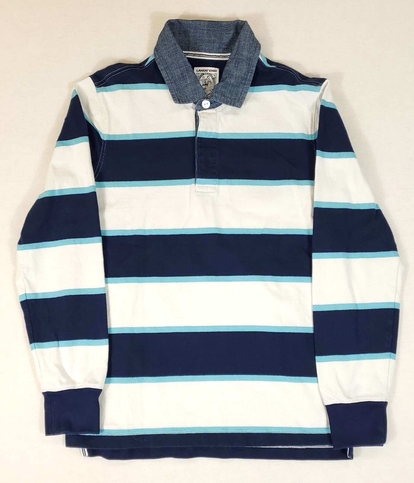 Lands' End Rugby Navy Cornflower Blue White Striped Chambray Collar Shirt Mens S gallery