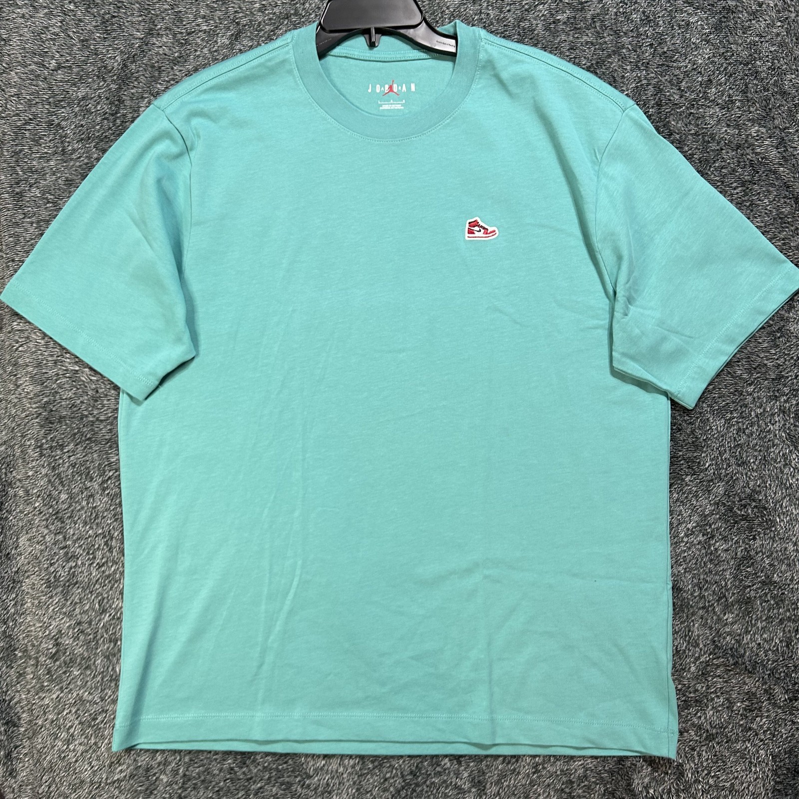 Jordan Mens Size L Teal Blue Short Sleeve Sneaker Patch Athletic Shirt gallery