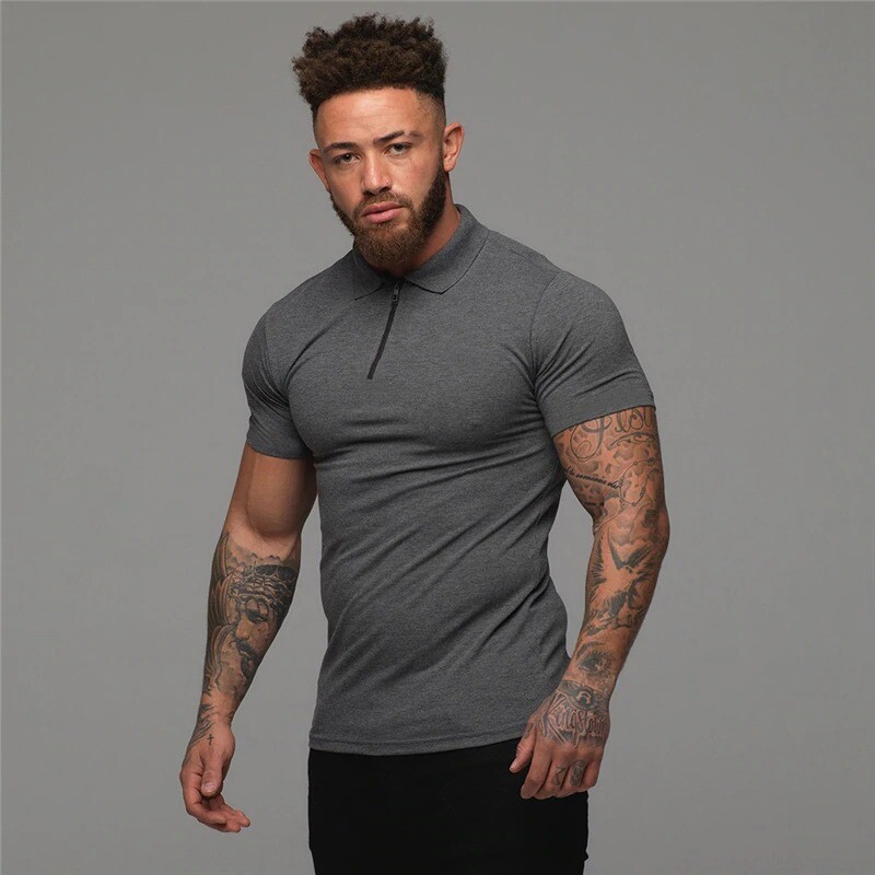 Mens T Shirts Casual Fashion Gym Fitness Short Sleeve Zip Muscle Guy Polo Shirt gallery