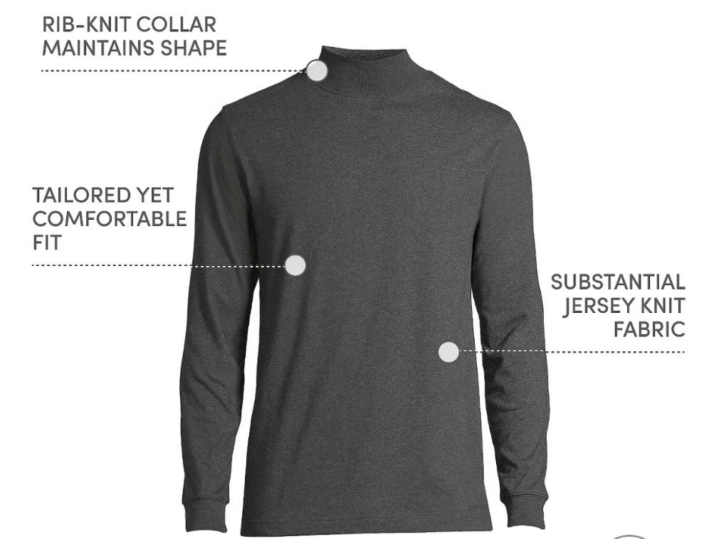 XL Lands' End Super-T Mock Turtleneck, Cotton, Dark Charcoal. Soft Base Layer. gallery