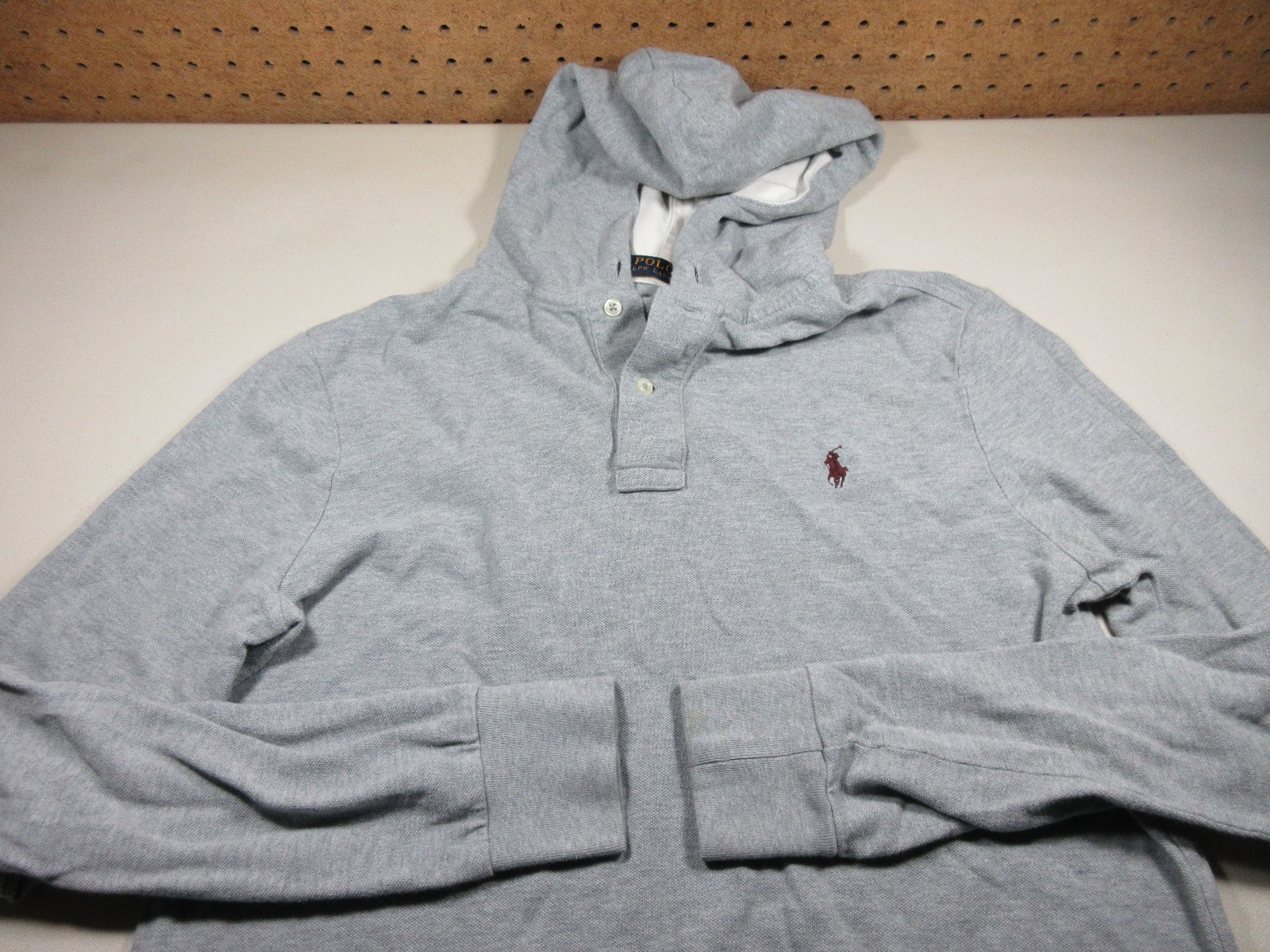 POLO Ralph Lauren mens heathered gray maroon pony henley hoodie M gallery