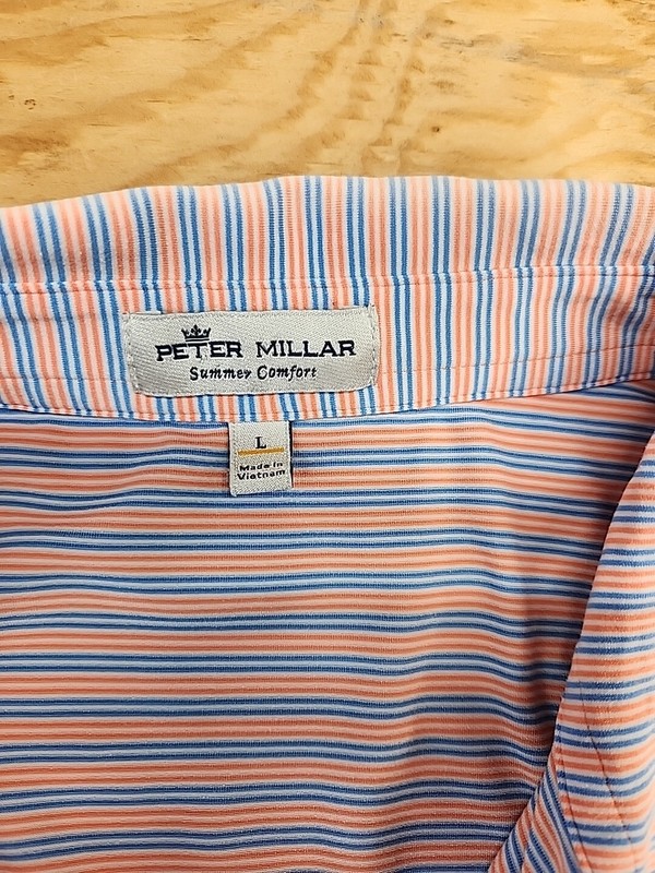 Peter Millar Summer Comfort PW Logo Pink Striped Golf Polo Shirt Mens Large gallery
