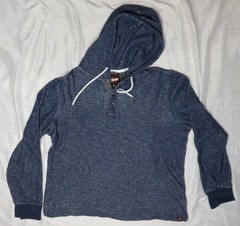 ALESBURY MENS M BLUE HEATHER HENLEY HOODIE 100% COTTON WAFFLE KNIT 3 BUTTON
