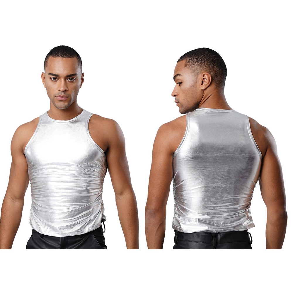 Men's Metallic Shiny Tank Top Round Neck Sleeveless Shirt Top Glossy Club Wear