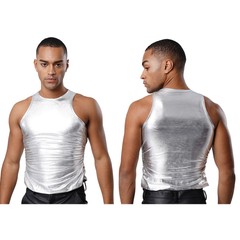 Men’s Metallic Shiny Tank Top Round Neck Sleeveless Shirt Top Glossy Club Wear