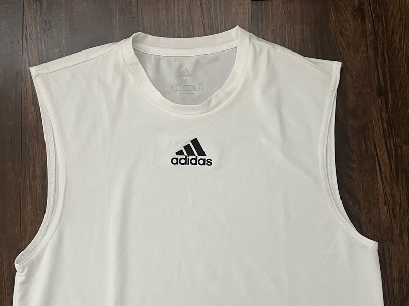 Adidas Sleeveless Shirt Mens Size Small White Sleeveless Trefoil Logo Workout gallery