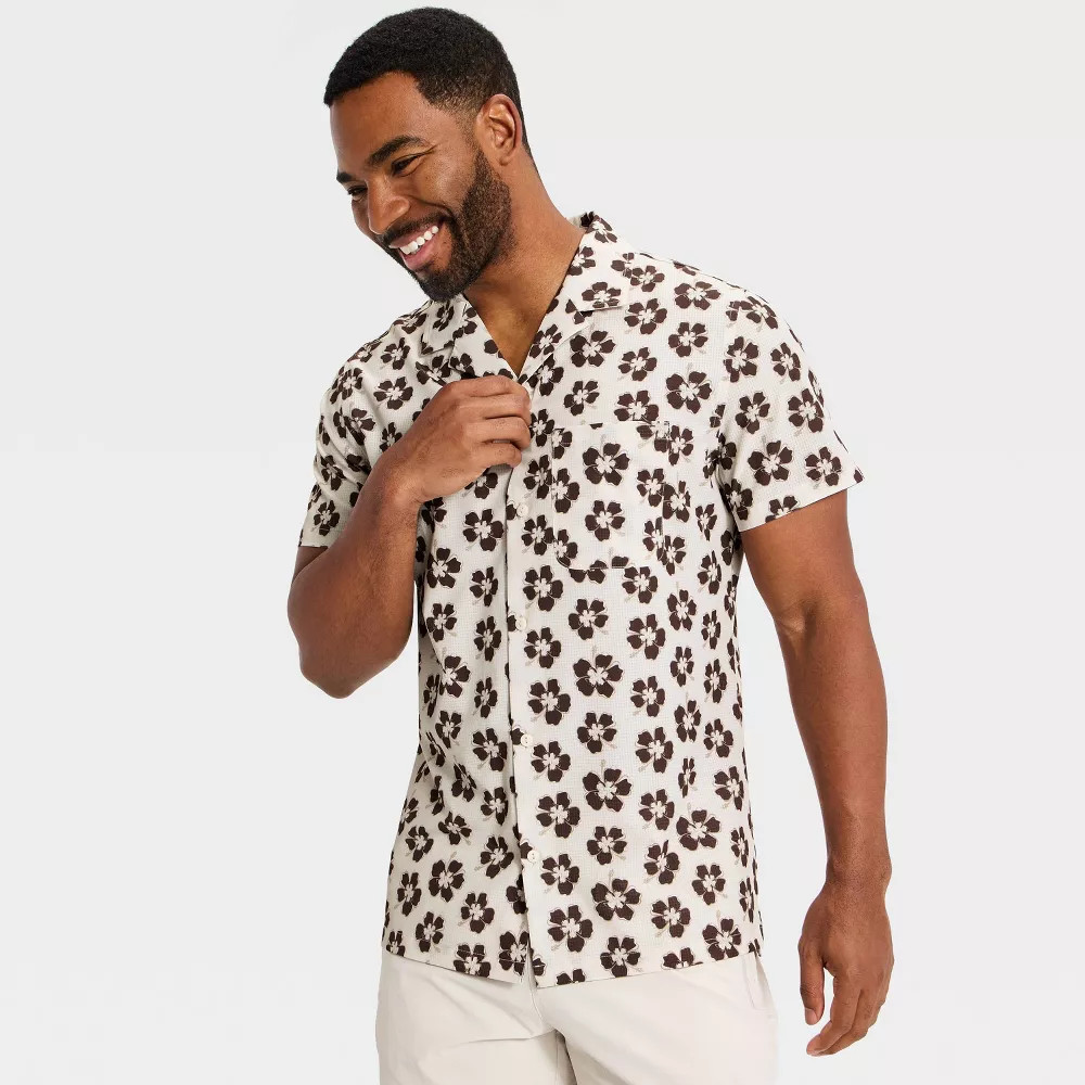 Men Hibiscus Print Grid Woven Button-Down Shirt - All In Motion White gallery