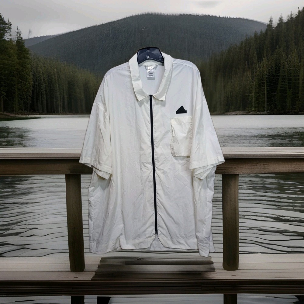 Adidas City Escape Q2 Shirt Mens 2XL White Full Zip Windbreaker Short Sleeve