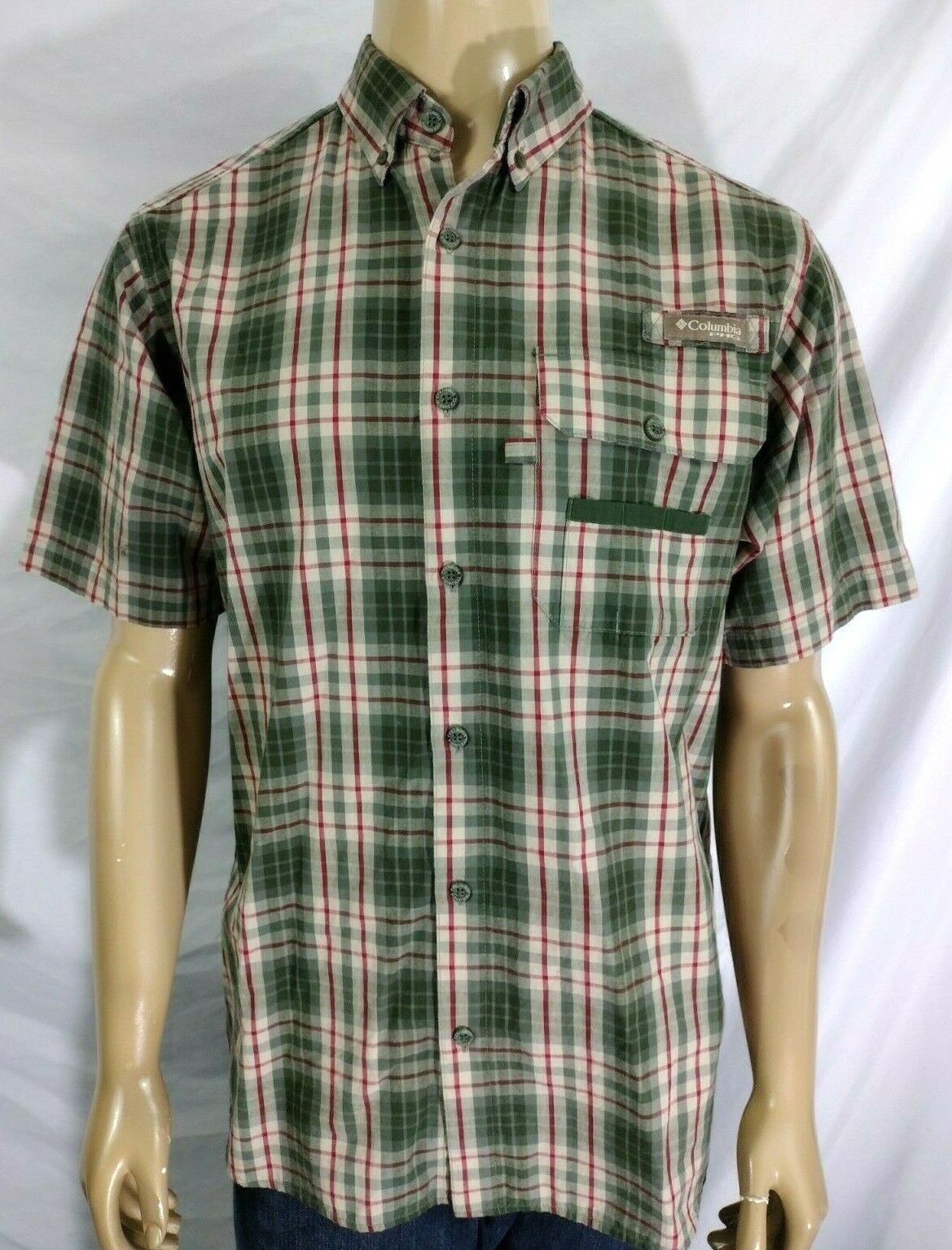 COLUMBIA PFG FISHING / RIVER SHIRT Mens M Olive Green Red Tan Plaid Checked SS gallery