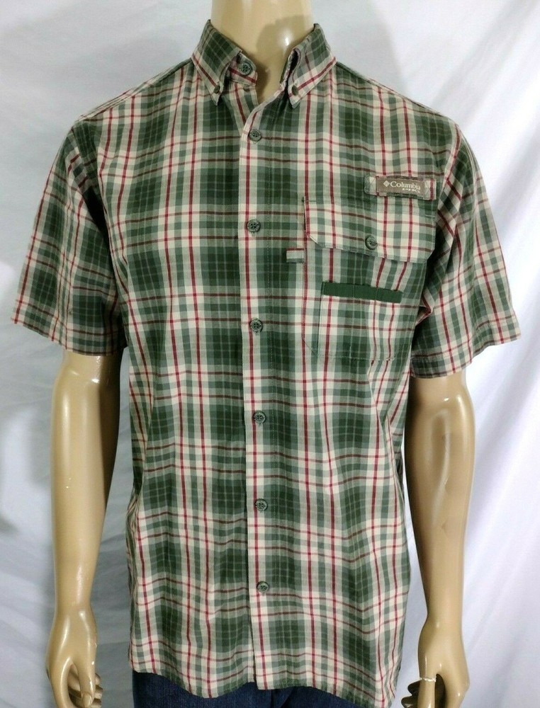 COLUMBIA PFG FISHING / RIVER SHIRT Mens M Olive Green Red Tan Plaid Checked SS
