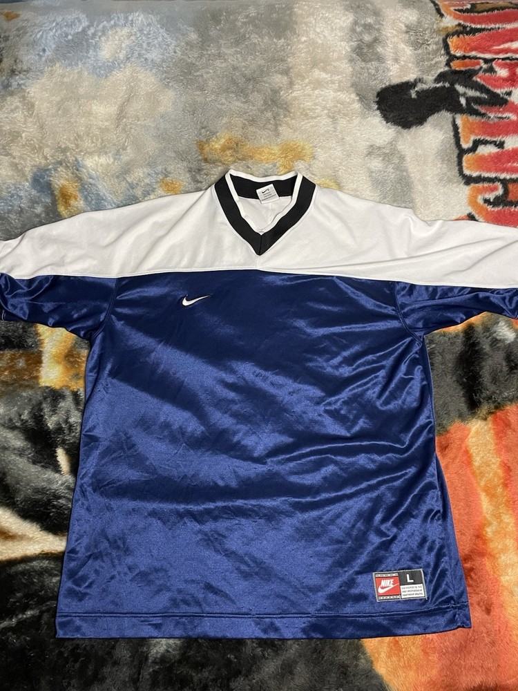 Vintage 90s Nike Mens L Mini Swoosh Color Block Navy Blue/White Soccer Jersey