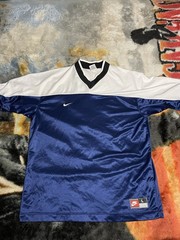 Vintage 90s Nike Mens L Mini Swoosh Color Block Navy Blue/White Soccer Jersey