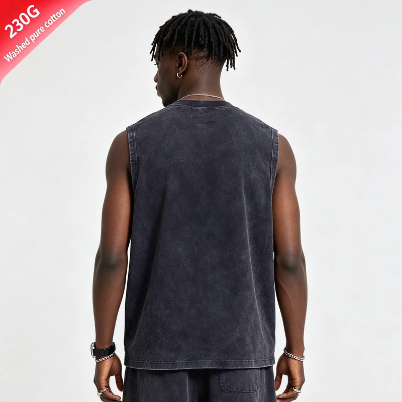 100% cotton men's summer sleeveless top Vintage Washed Crew Neck Tank Top Casual gallery