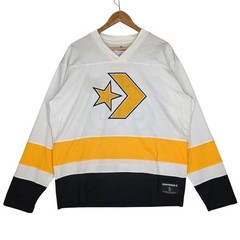 CONVERSE OVERSIZED EMBROIDERED PATCH HOCKEY JERSEY – WHITE/YELLOW/BLACK – SIZE S