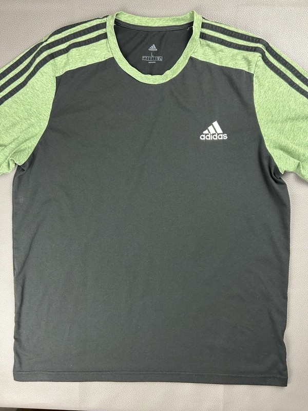 Adidas Mens Large Athletic T-Shirt Black Green 3 Stripe Crew Neck Performance gallery