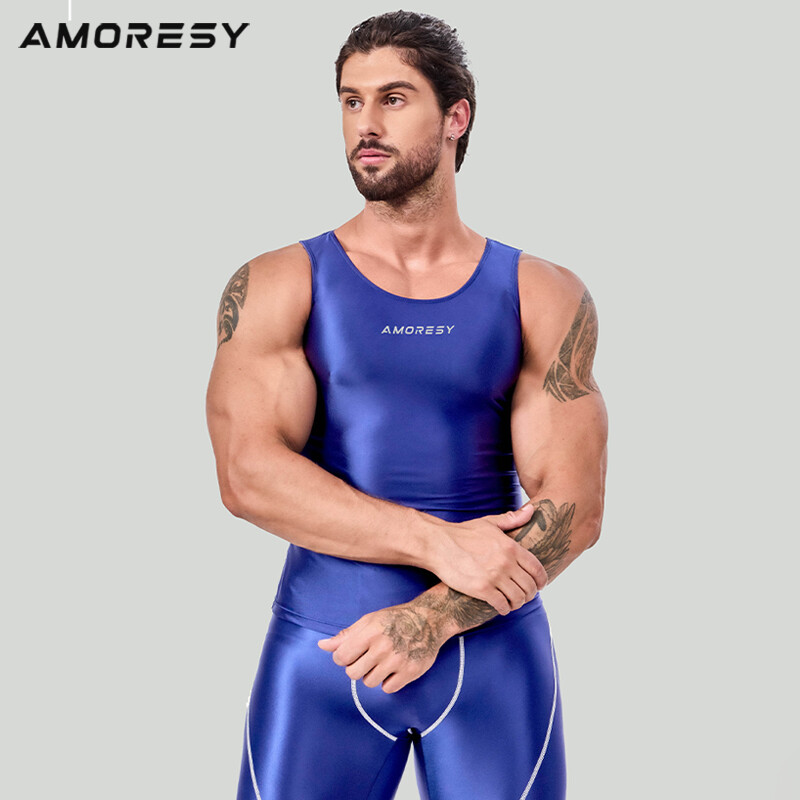 AMORESY Men Fashion Smooth Hurdle Tops Patchwork Tights Breathable Running Vests gallery