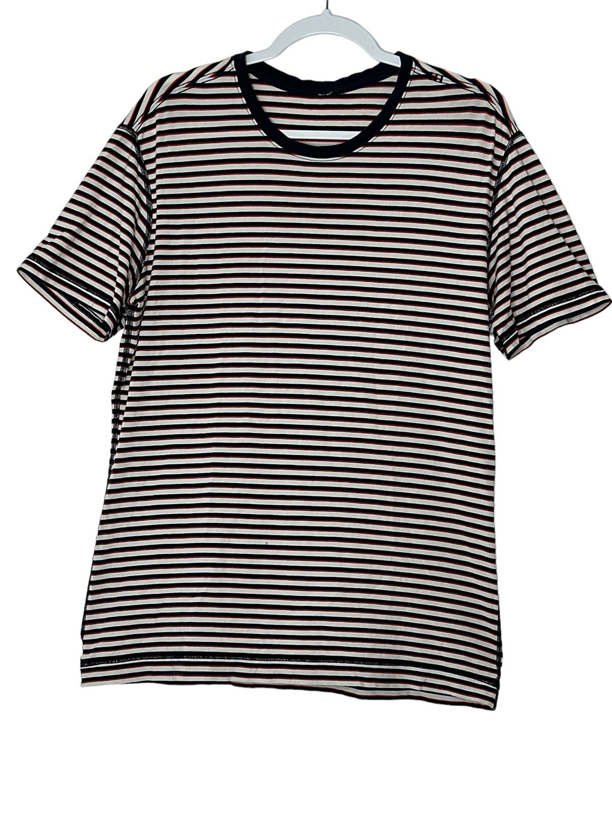 LULULEMON T-shirt Mens Large red white blue striped short sleeve Stretch Gym gallery