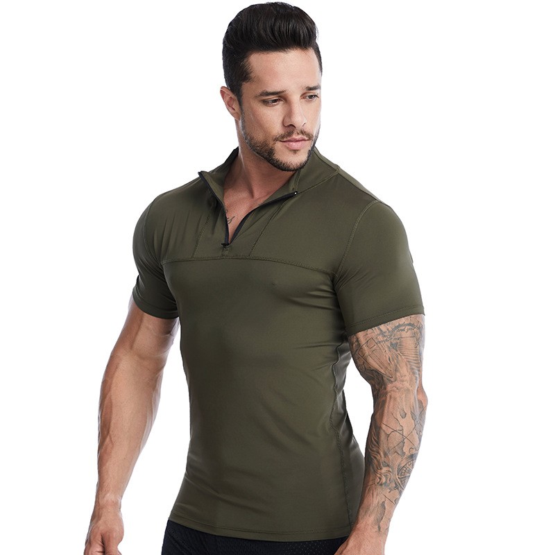 Men Quick Dry Zipper Stand Up Collar Tight Fitting Running Short Sleeved T-shirt gallery