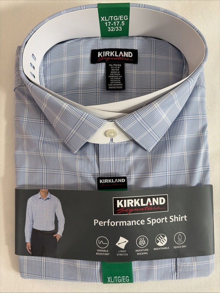 Kirkland Signature Men’s Comfort Sport Shirt NON-IRON( BLUE WHITE PLAID, XL) NWT