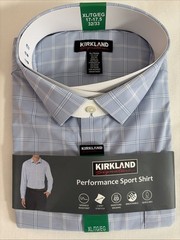 Kirkland Signature Men’s Comfort Sport Shirt NON-IRON( BLUE WHITE PLAID, XL) NWT