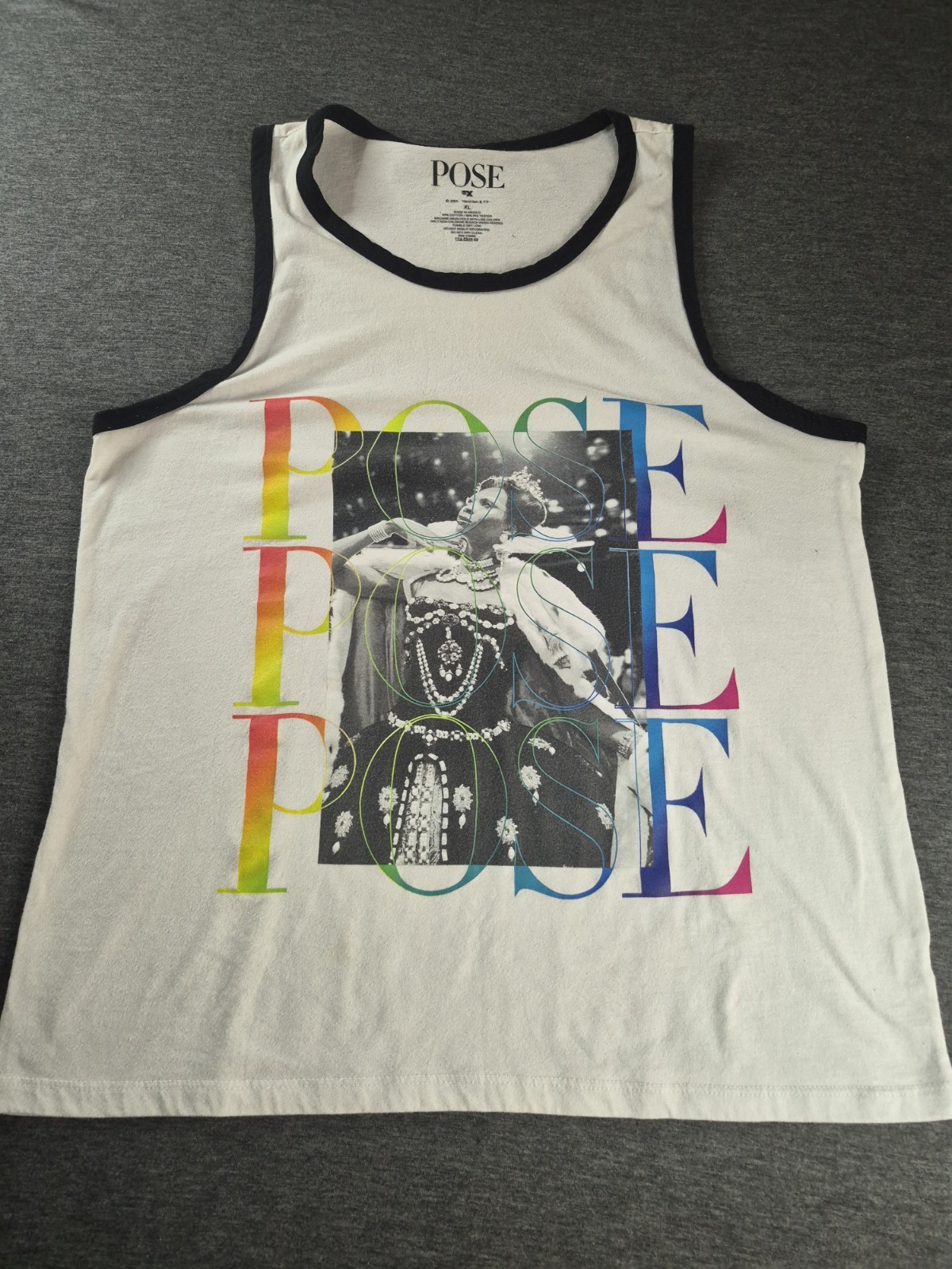 Pose Graphic Print Tank Top Contrast Trim White Multicolor Men's XL Crew Neck gallery