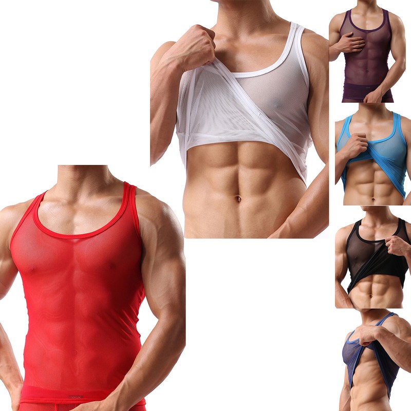 Men's Sleeveless Mesh Tank Tops See-Through U Neck Workout Gym Muscle T Shirts gallery