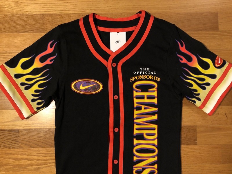 New M Nike Americana Flames Baseball Jersey Button Up Shirt Black DV9642-010 gallery