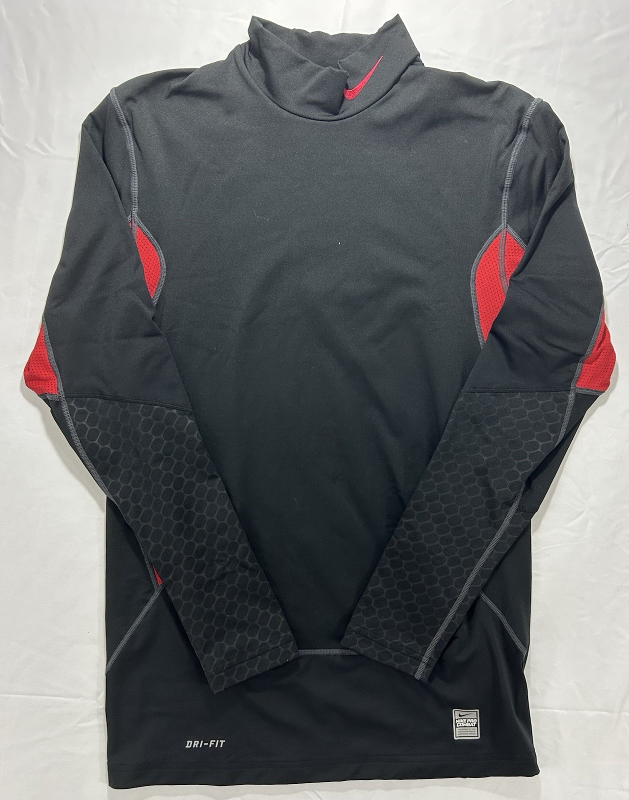 Nike Pro Combat Dri-Fit Compression Tee Men XL Black Long Sleeve Red Swoosh Logo gallery