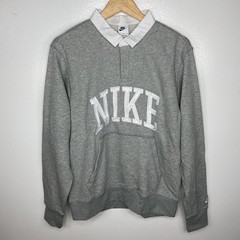 FN3112-063 Nike Club Men’s Fleece Long Sleeve Rugby Polo Shirt Gray White Size M