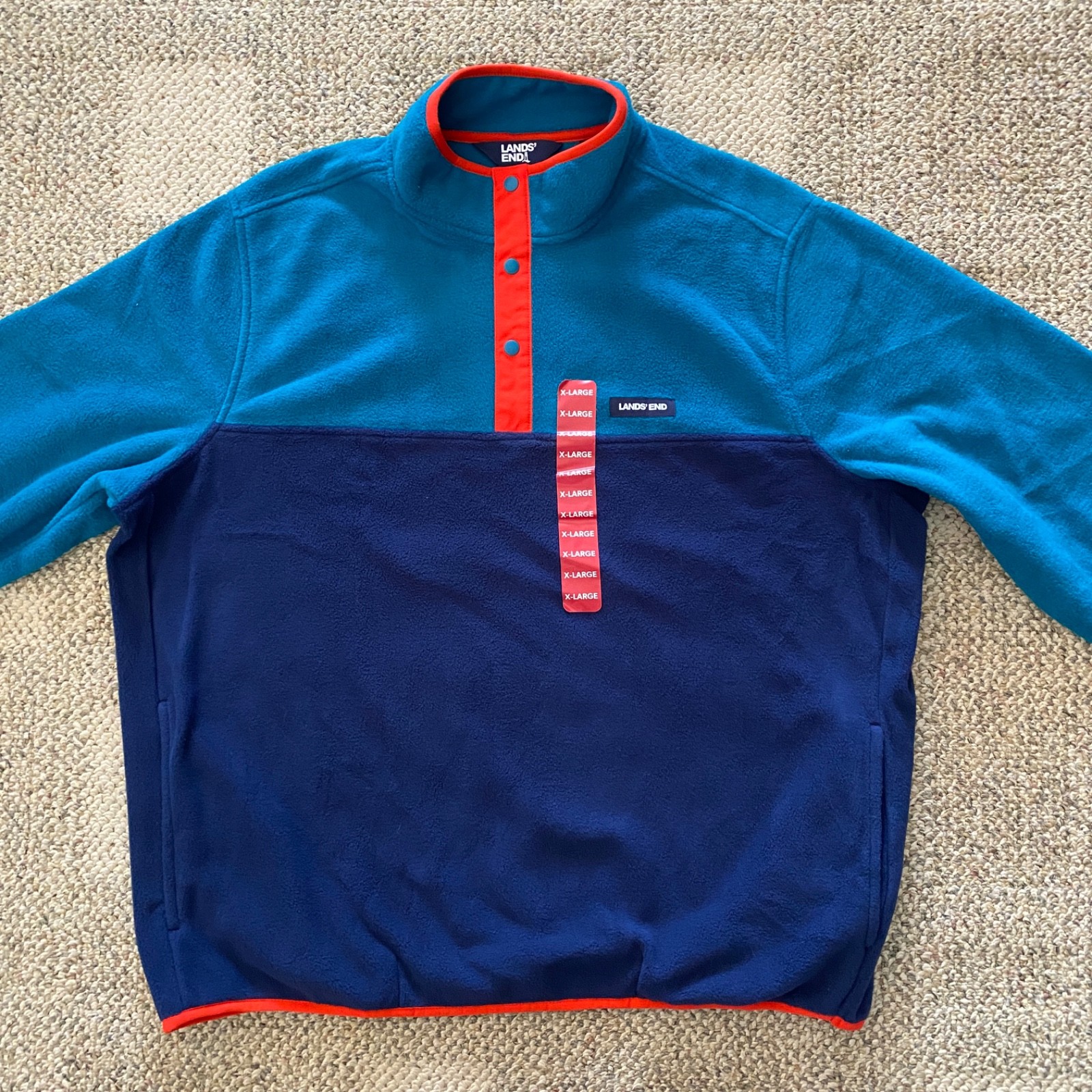 Lands' End Fleece Pullover Top Shirt Soft Stretch Teal Navy Orange Men's Size XL gallery