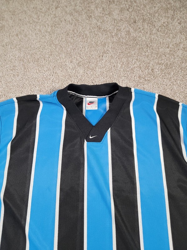Vintage 90s Nike Soccer Jersey Shirt Large Blue Striped Center Swoosh Rare Y2K gallery