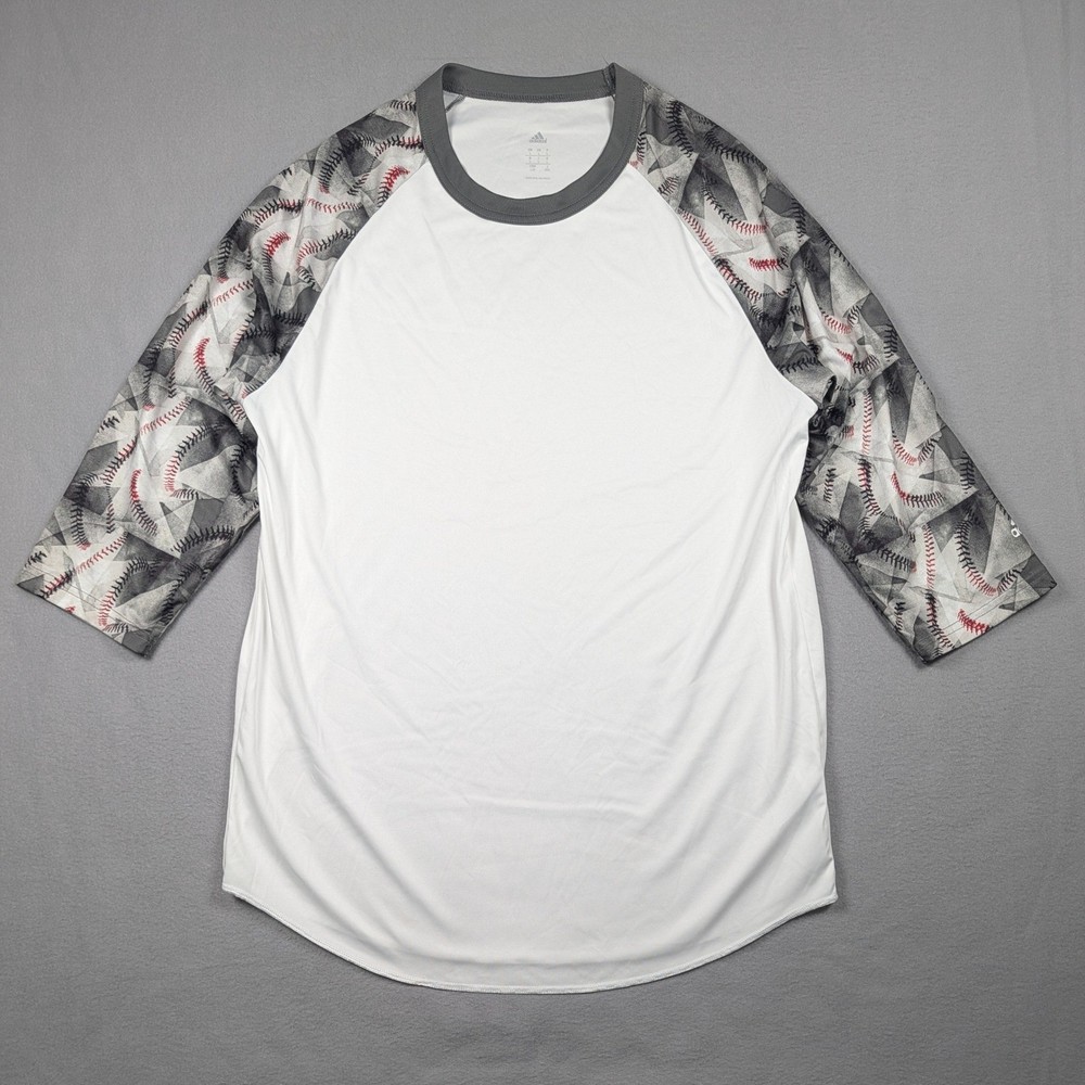 Adidas Baseball Raglan Shirt Mens Large White Grey 3/4 Sleeve Graphic Jersey