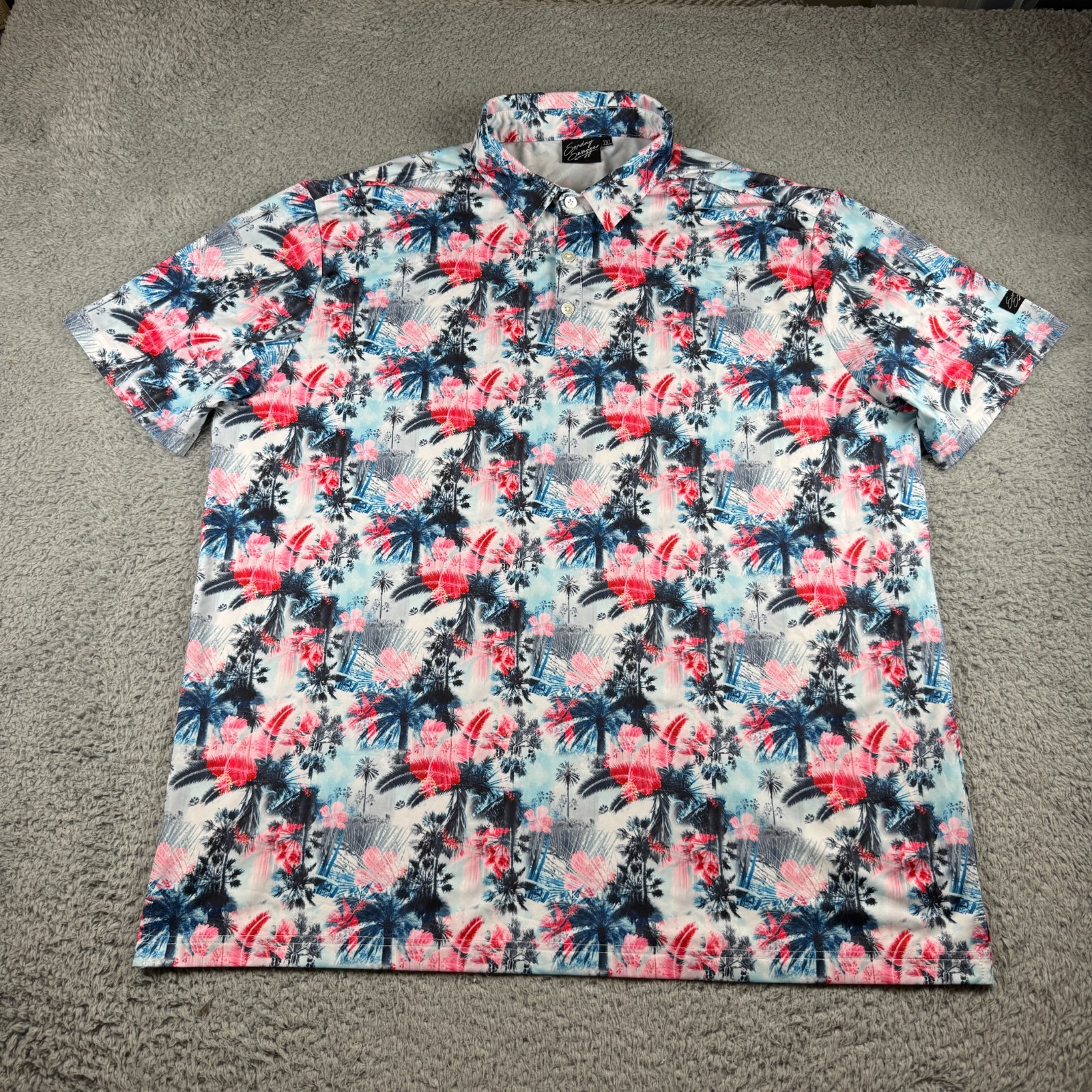 Sunday Swagger Blue Pink Palmera Palm Tree Polo Golf Shirt 2XL Rare UPF 40 gallery
