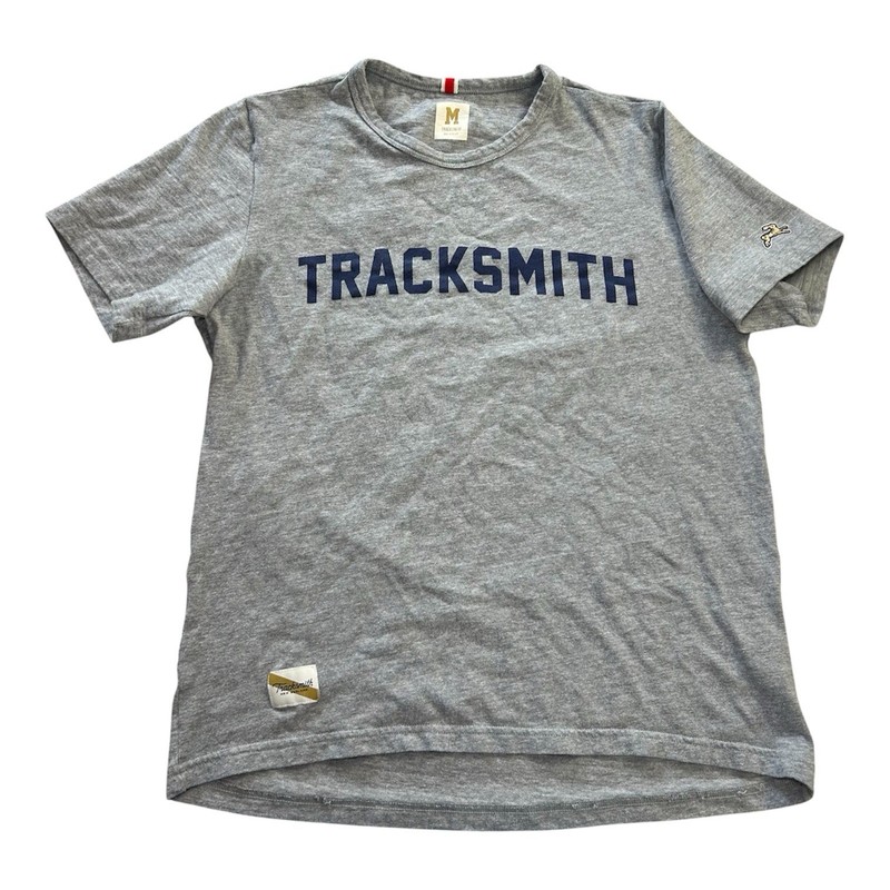 Tracksmith Grayboy Tee Men’s M Gray Heather Navy Blue Running Training T-Shirt gallery