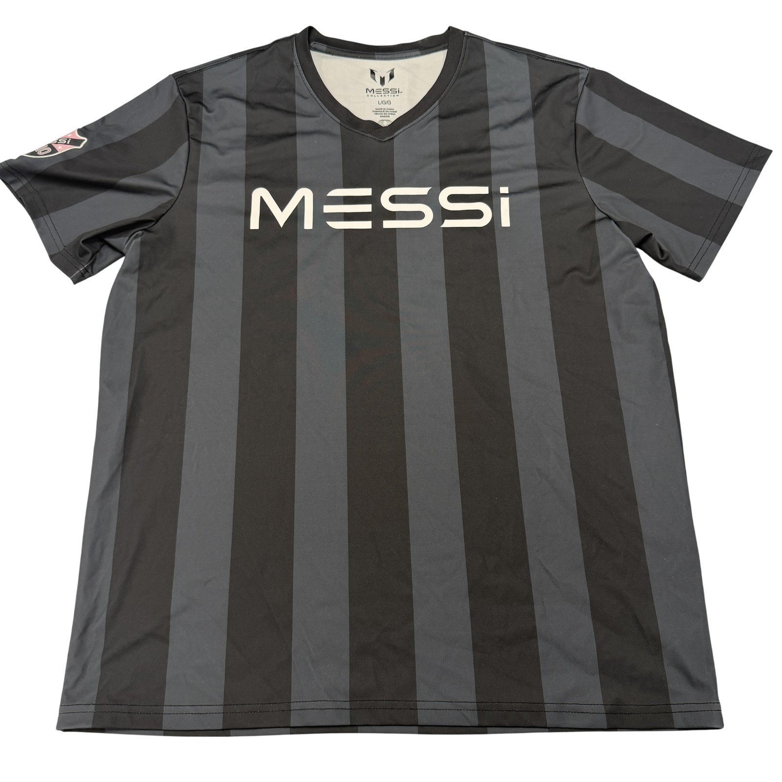 Lionel Messi Mens Large Striped Soccer Jersey Graphic Logo Black Gray Pink # 10 gallery