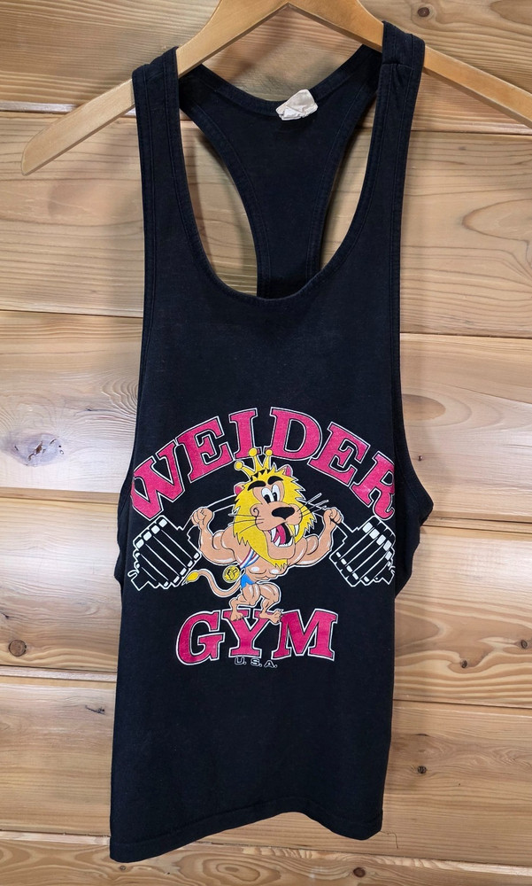 Rare VTG Wider Gym Muscle Tank Top Shirt Men 15"X26" Distress Lion Weights 90s