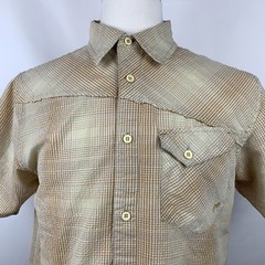 prAna Mens Tan White Faded Check Short Sleeve Hiking Camping Shirt Size Medium