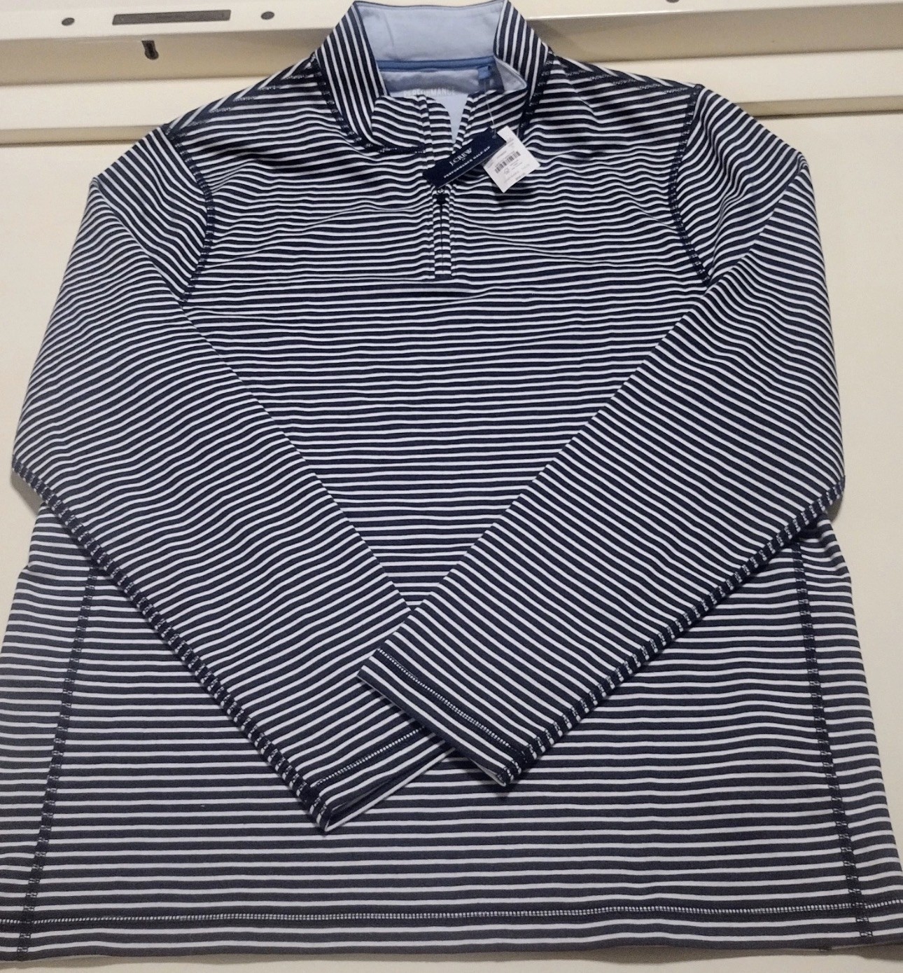 J. Crew Mens LARGE Performance Half-Zip Blue Striped Shirt $98 NEW gallery