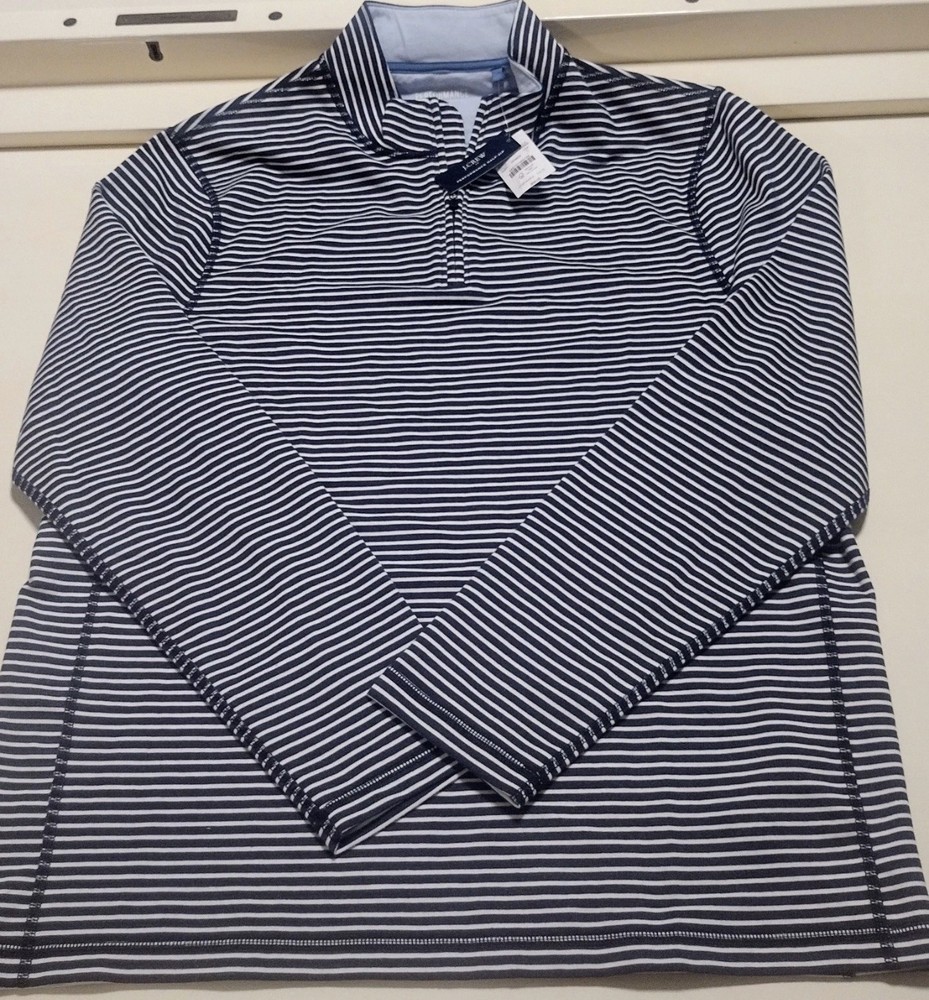 J. Crew Mens LARGE Performance Half-Zip Blue Striped Shirt $98 NEW