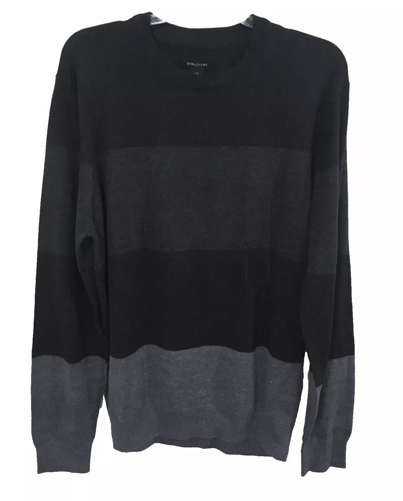 Structure Mens Classic Striped Crew Pullover Sweater Black Grey XXLarge $50.00